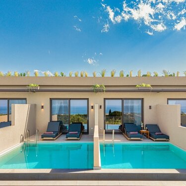 Helena's Aether Suites exterior and olive trees in Tragaki Zakynthos